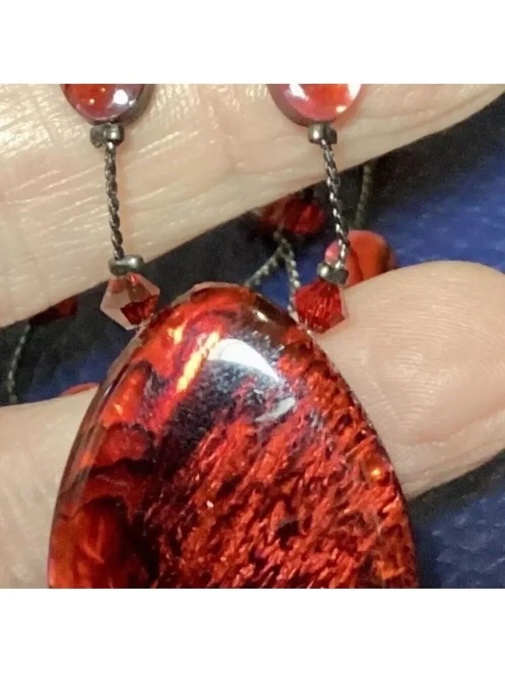 VTG DABBY REID Designer Signed Red Abalone Swarovski Crystal Necklace 18” Ext